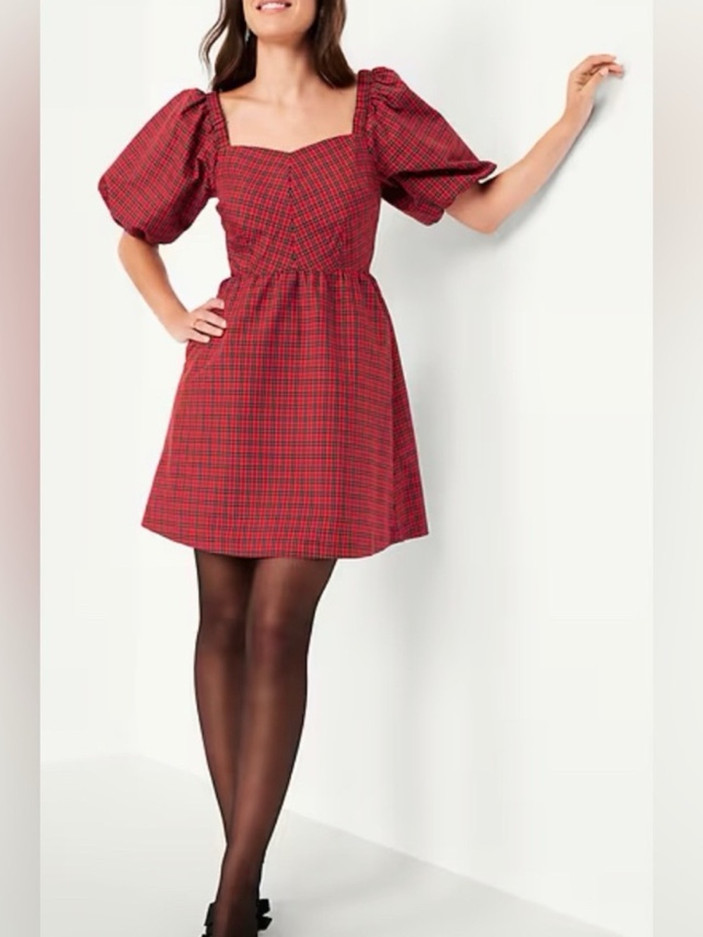 Old Navy Puff-Sleeve Plaid Fit & Flare Taffeta‎ Mini Dress babydoll milkmaid
